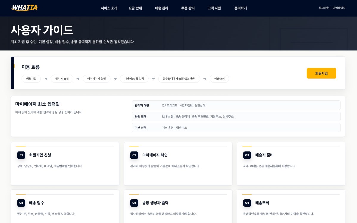 WHATTA 배송 중계 이용 가이드 화면